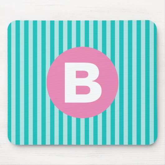 Teal Blue Vertical Striped Pink Circle Monogram Muismat (Voorkant)