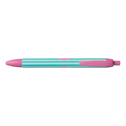 Teal Blue Vertical Striped Pink Circle Monogram Zwarte Inkt Pen (Achterkant)