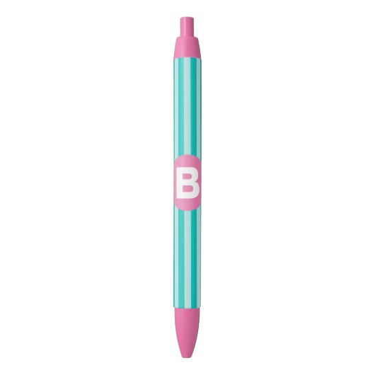 Teal Blue Vertical Striped Pink Circle Monogram Zwarte Inkt Pen (Voorkant Verticaal)