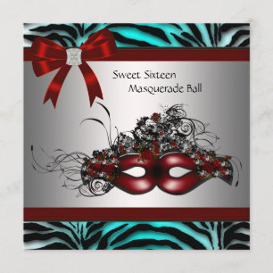 Teal Blue Zebra Sweet 16 Masquerade Feest Kaart