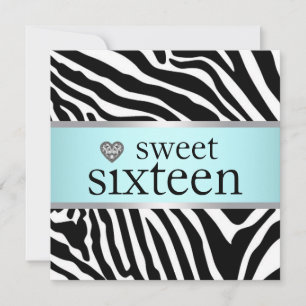 Teal Blue Zebra Sweet Sixteen Verjaardagsfeestje Kaart