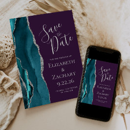 Teal Blue Zilveren Agaten Paarse Save the Date Kaa