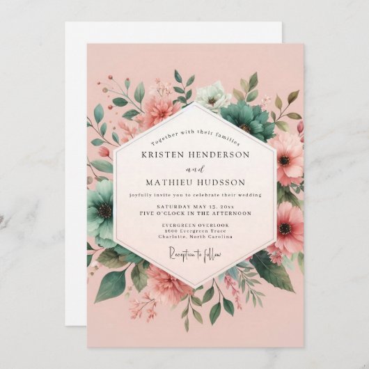 Teal Blush Aquarelle Wedding Kaart (Voorkant / Achterkant)