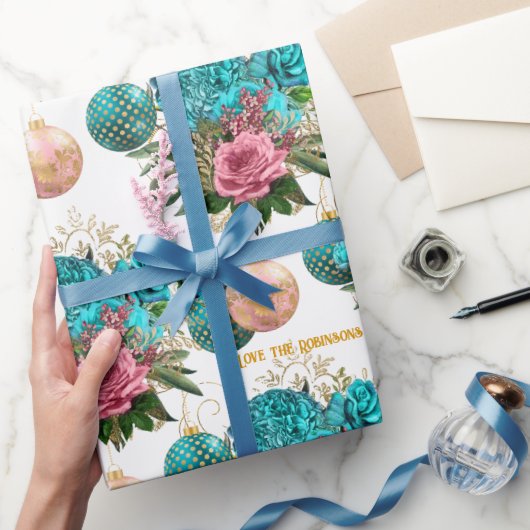 Teal & Blush Floral Elegant Personalized Christmas Cadeaupapier (Geschenken)