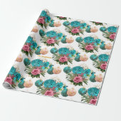 Teal & Blush Floral Elegant Personalized Christmas Cadeaupapier (Uitgerold)