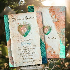 Teal Blush Lace Heart Baroque Romance Wedding Kaart