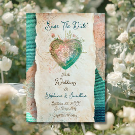 Teal Blush Lace Heart Baroque Save the Date