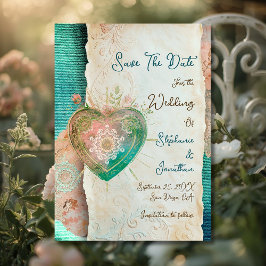 Teal Blush Lace Heart Rococo Wedding Save the Date