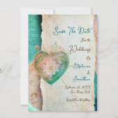 Teal Blush Lace Heart Rococo Wedding Save the Date (Voorkant)