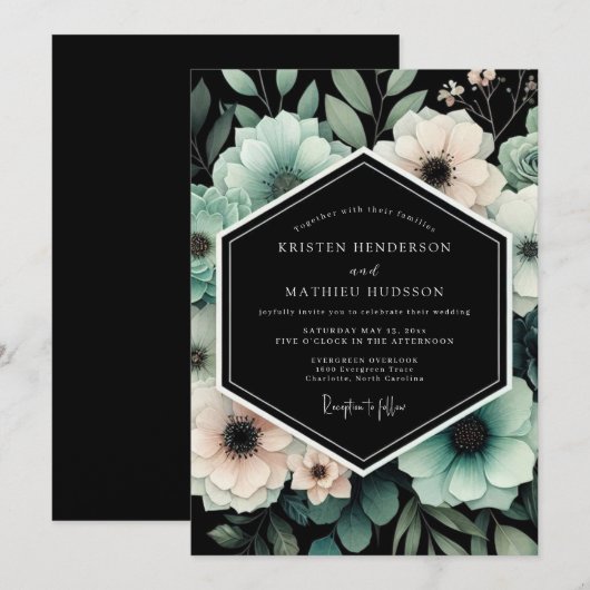 Teal & Blush Moody Floral Wedding Kaart (Voorkant / Achterkant)