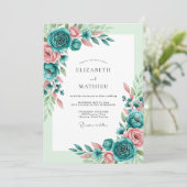 Teal Blush Romantic Spring Wedding Kaart (Staand voorkant)