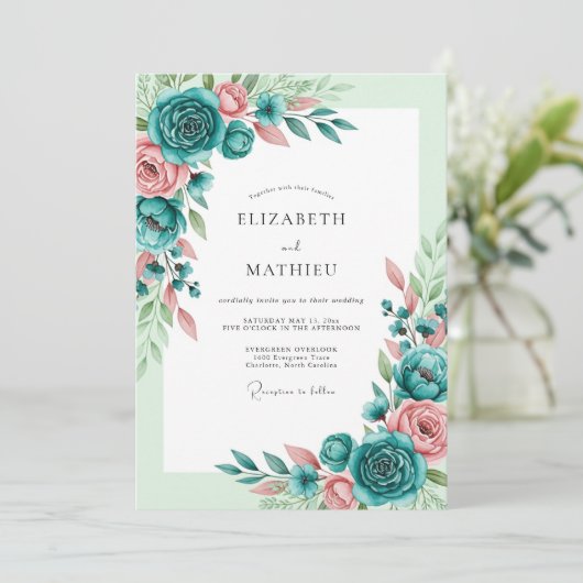 Teal Blush Romantic Spring Wedding Kaart (Staand voorkant)