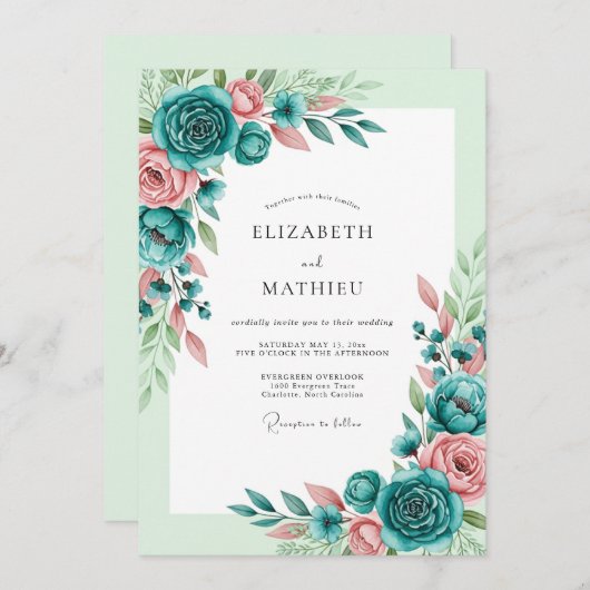 Teal Blush Romantic Spring Wedding Kaart (Voorkant / Achterkant)
