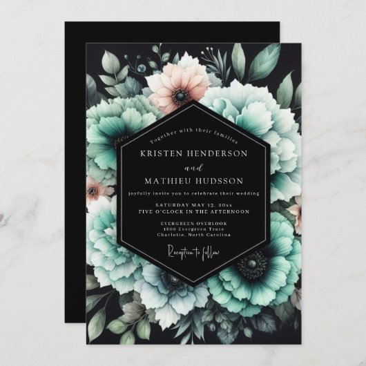 Teal & Blush Shadowy Bloom Wedding Kaart (Voorkant / Achterkant)