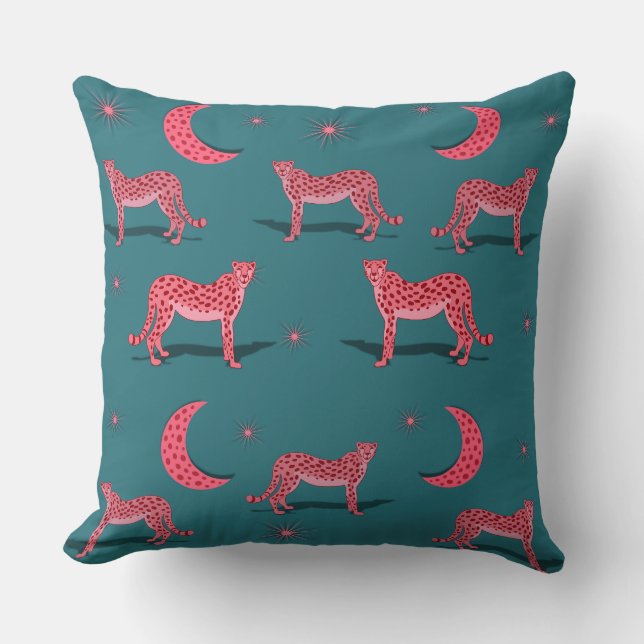 Teal Boho Cheetah en Roze Maan  Kussen (Voorkant)