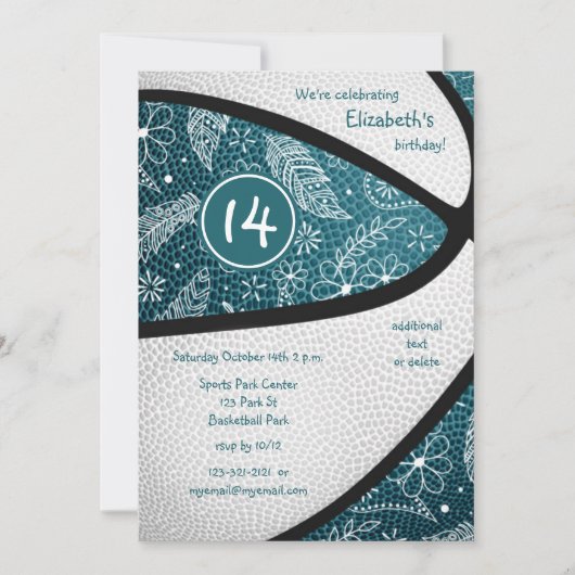 teal boho veren paisley basketbal feestje kaart (Voorkant)
