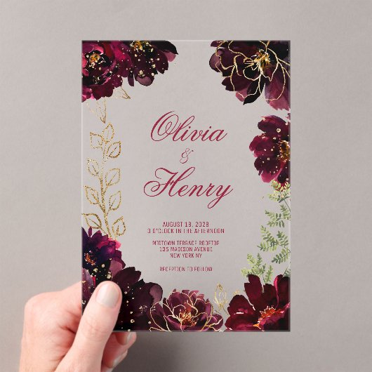 Teal Bordeaux Jewel Tone Wedding Acryl Uitnodigingen (Insitu (Draagbaar))