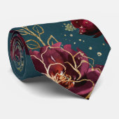Teal Bordeaux Juweel Tinten Gouden Bruiloft Stropdas (Opgerold)