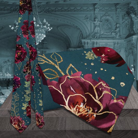 Teal Bordeaux Juweel Tinten Gouden Bruiloft Stropdas