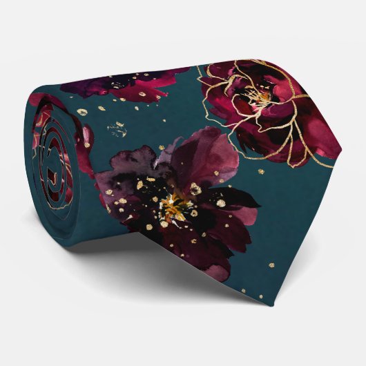 Teal Bordeaux Saffier Edeltoon Gouden Trouw Stropdas (Opgerold)