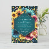 Teal Botanical Bloom Wedding Kaart (Staand voorkant)