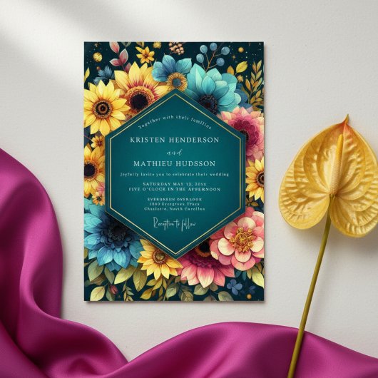 Teal Botanical Bloom Wedding Kaart