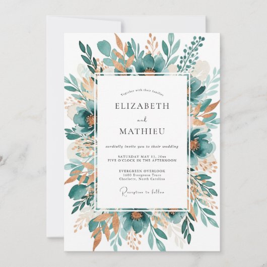 Teal Botanical Bloom Wedding Kaart (Voorkant)