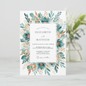 Teal Botanical Bloom Wedding Kaart (Staand voorkant)