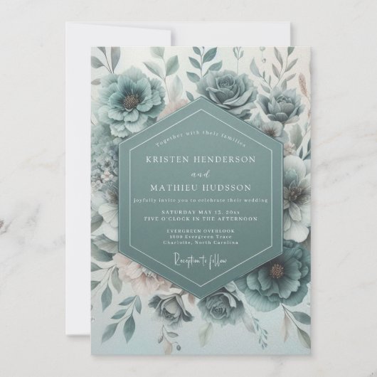 Teal Botanical Bloom Wedding Kaart (Voorkant)