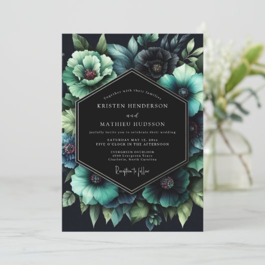 Teal Botanical Nocturne Wedding Kaart (Staand voorkant)
