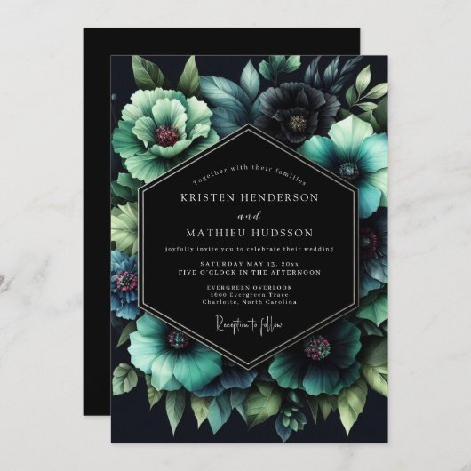 Teal Botanical Nocturne Wedding Kaart (Voorkant / Achterkant)
