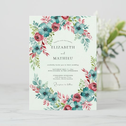 Teal Bountiful Spring Wedding Kaart (Staand voorkant)