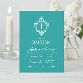 Teal Boy Baptism Cross in Crest Vintage Elegant  Kaart