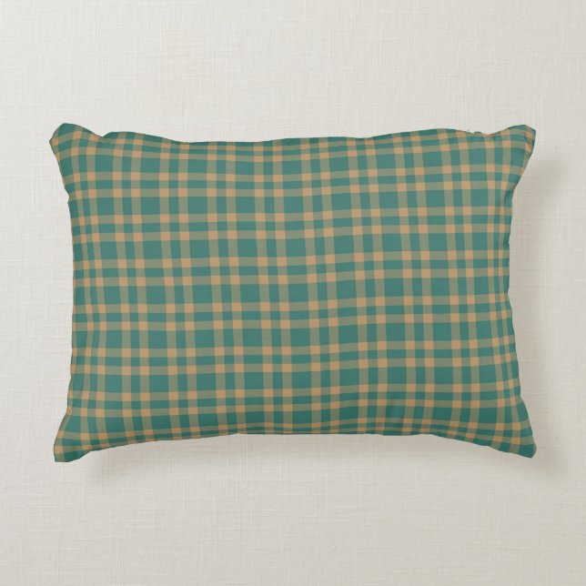 Teal Brown Plaid Pattern Accent Kussen (Voorkant)