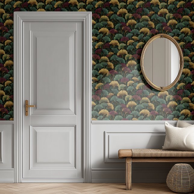 Teal Burgundy Ginkgo Leaf Pattern  Behang (Creator heeft geüpload)