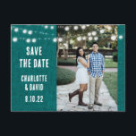 Teal Burlap Rustic Wedding Photo Save The Date Aankondigingskaart<br><div class="desc">This teal wedding photo save the date postcard inspired by burlap is ideal for your teal rustic country,  backyard,  garden or barn wedding party.</div>