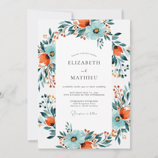 Teal Burnt Orange Dynamic Botanical Wedding Kaart (Voorkant)