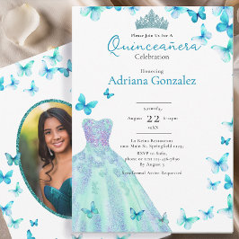 Teal Butterflies Dress Tiara Photo Quinceanera Kaart
