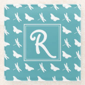 Teal Butterfly and Dragonfly Pattern Monogram Glazen Onderzetter (Voorkant)