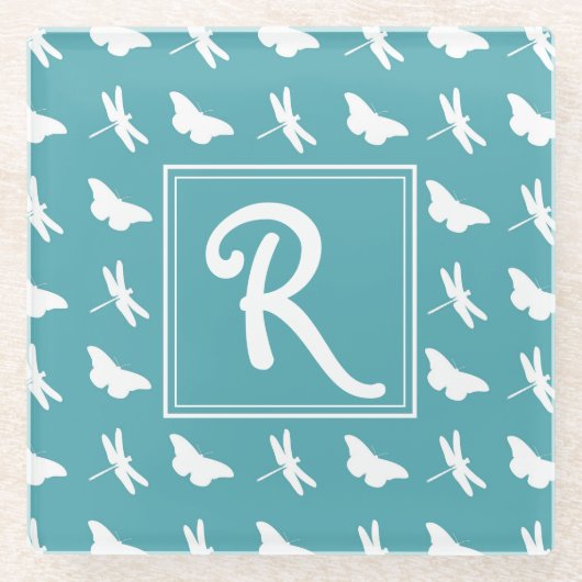Teal Butterfly and Dragonfly Pattern Monogram Glazen Onderzetter (Voorkant)