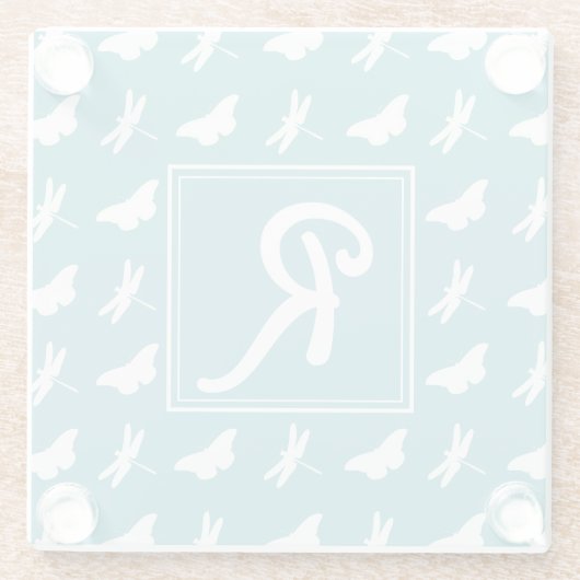 Teal Butterfly and Dragonfly Pattern Monogram Glazen Onderzetter (Achterkant)