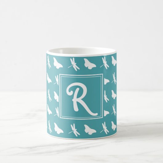 Teal Butterfly and Dragonfly Pattern Monogram Koffiemok (Center)