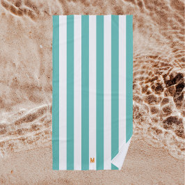 Teal Cabana Streep & Gepersonaliseerd Oranje Monog Strandlaken