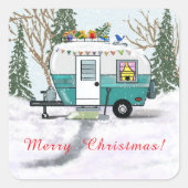 Teal Camper Christmas Vierkante Sticker (Voorkant)