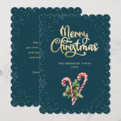 Teal Candy Cane Holly Berries Christmas Feestdagenkaart (Voorkant / Achterkant)
