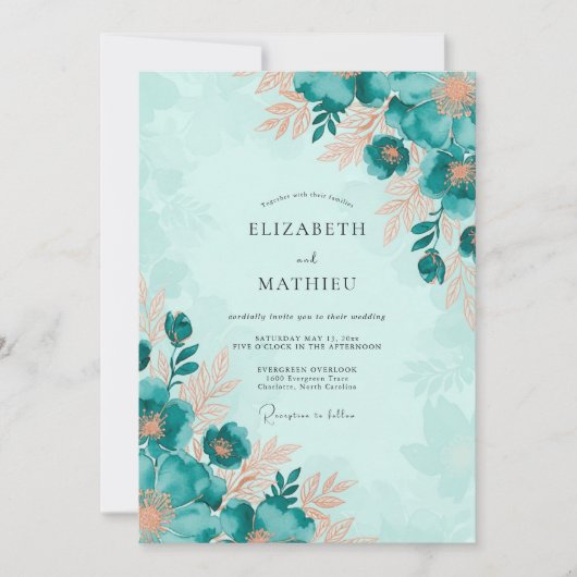 Teal Captivating Botanical Wedding Kaart (Voorkant)