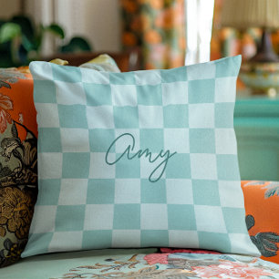 Teal Checkers Monoline Naam Kussen