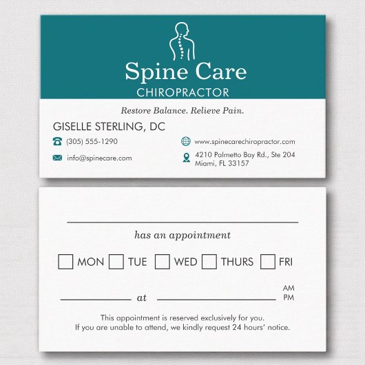 Teal Chiropractor Appointment Reminder Card Afsprakenkaartje