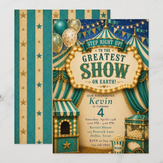 Teal Circus Feest Kaart (Voorkant / Achterkant)