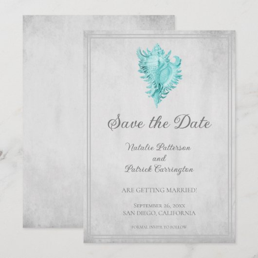 Teal Conch Schelp Save the Date Uitnodiging (Voorkant / Achterkant)